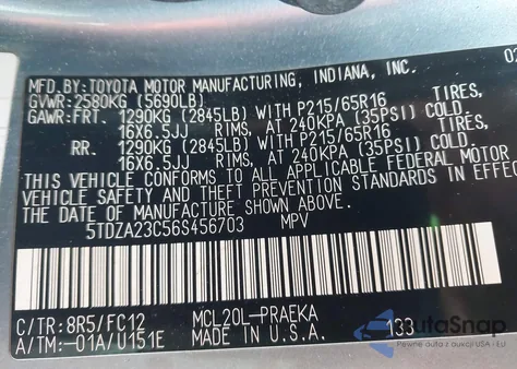 2006 Toyota Sienna Le из США, поврежденный, VIN 5TDZA23C56S456703